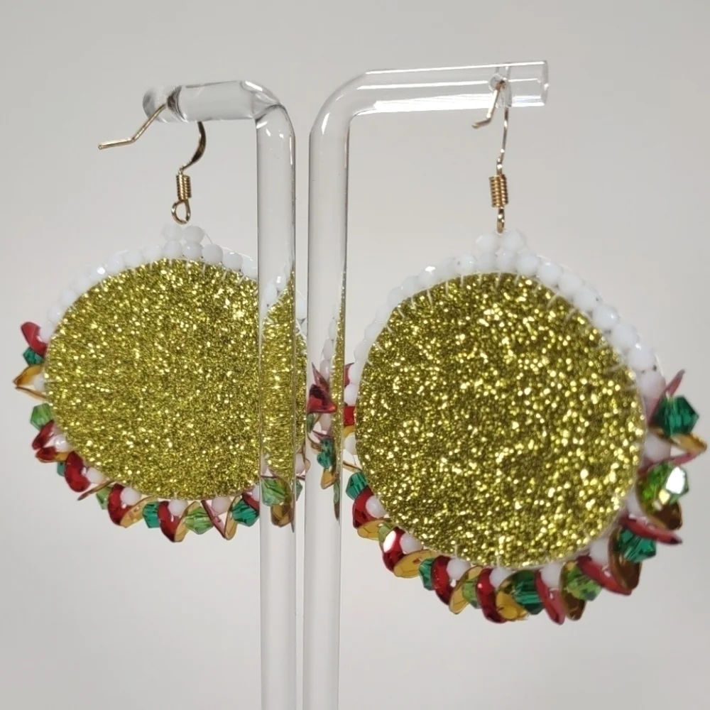 Handmade Beaded Oval With Green Accents Christmas Themed Fishhook Post Earrings